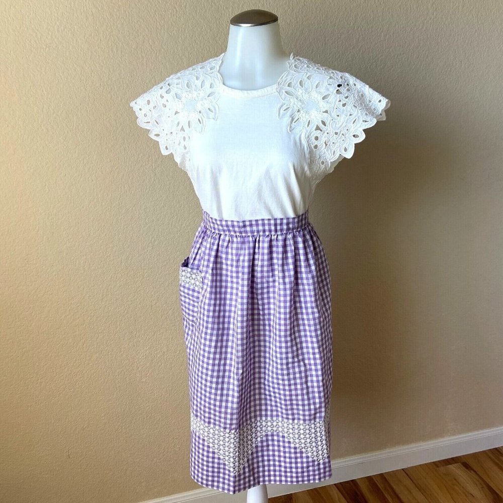 Purple and White Gingham Half Apron Cross Stitched Embroidered Retro